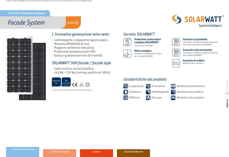 Garanzia sul prodotto secondo le "Condizioni speciali di garanzia per moduli fotovoltaici SOLARWATT" Garanzia sulle prestazioni secondo le "Condizioni speciali di garanzia per i moduli SOLARWAT"