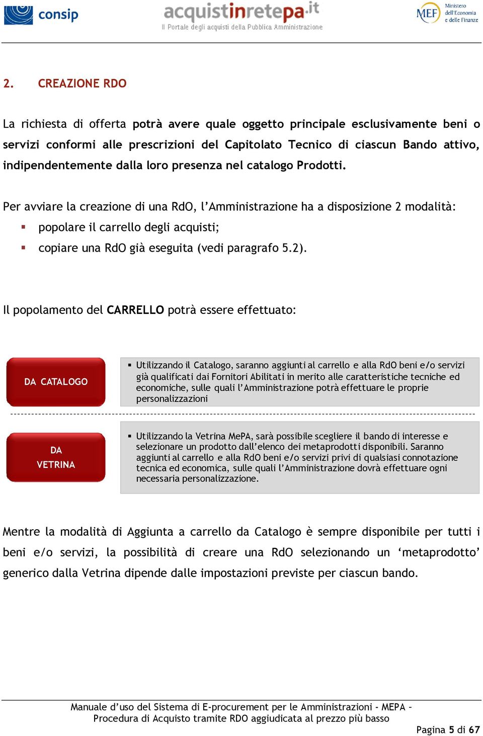 Per avviare la creazione di una RdO, l Amministrazione ha a disposizione 2 modalità: popolare il carrello degli acquisti; copiare una RdO già eseguita (vedi paragrafo 5.2).