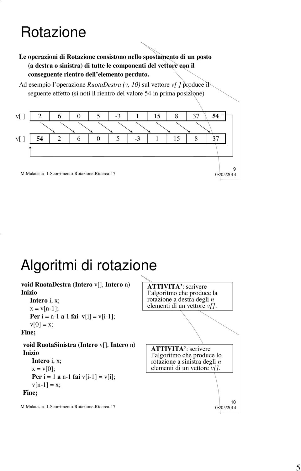 RuotaDestra (Intero v[], Intero n) Intero i, x; x = v[n-]; Per i = n- a fai v[i] = v[i-]; v[] = x; Fine; void RuotaSinistra (Intero v[], Intero n) Intero i, x; x = v[]; Per i = a n- fai