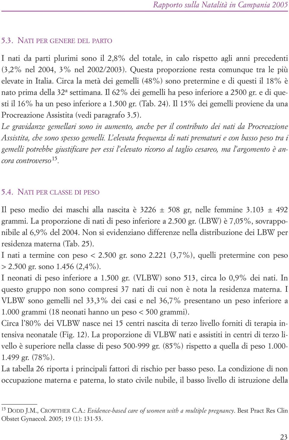 Il 62% dei gemelli ha peso inferiore a 2500 gr. e di questi il 16% ha un peso inferiore a 1.500 gr. (Tab. 24). Il 15% dei gemelli proviene da una Procreazione Assistita (vedi paragrafo 3.5).