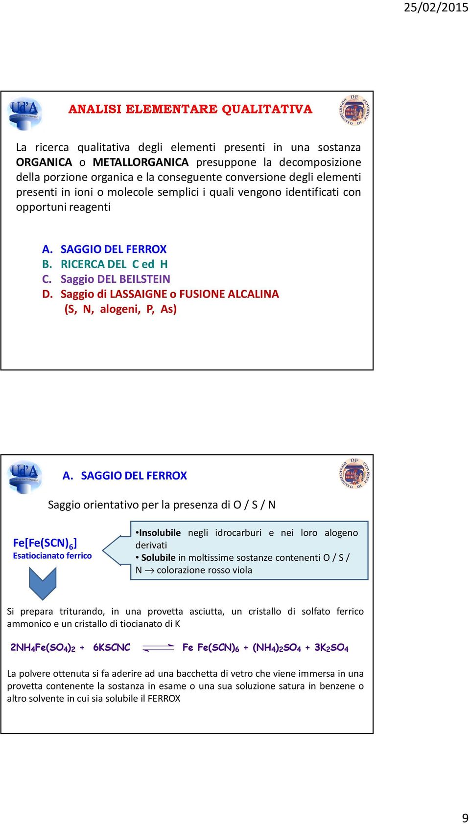 Saggio di LASSAIGNE o FUSIONE ALCALINA (S, N, alogeni, P, As) A.