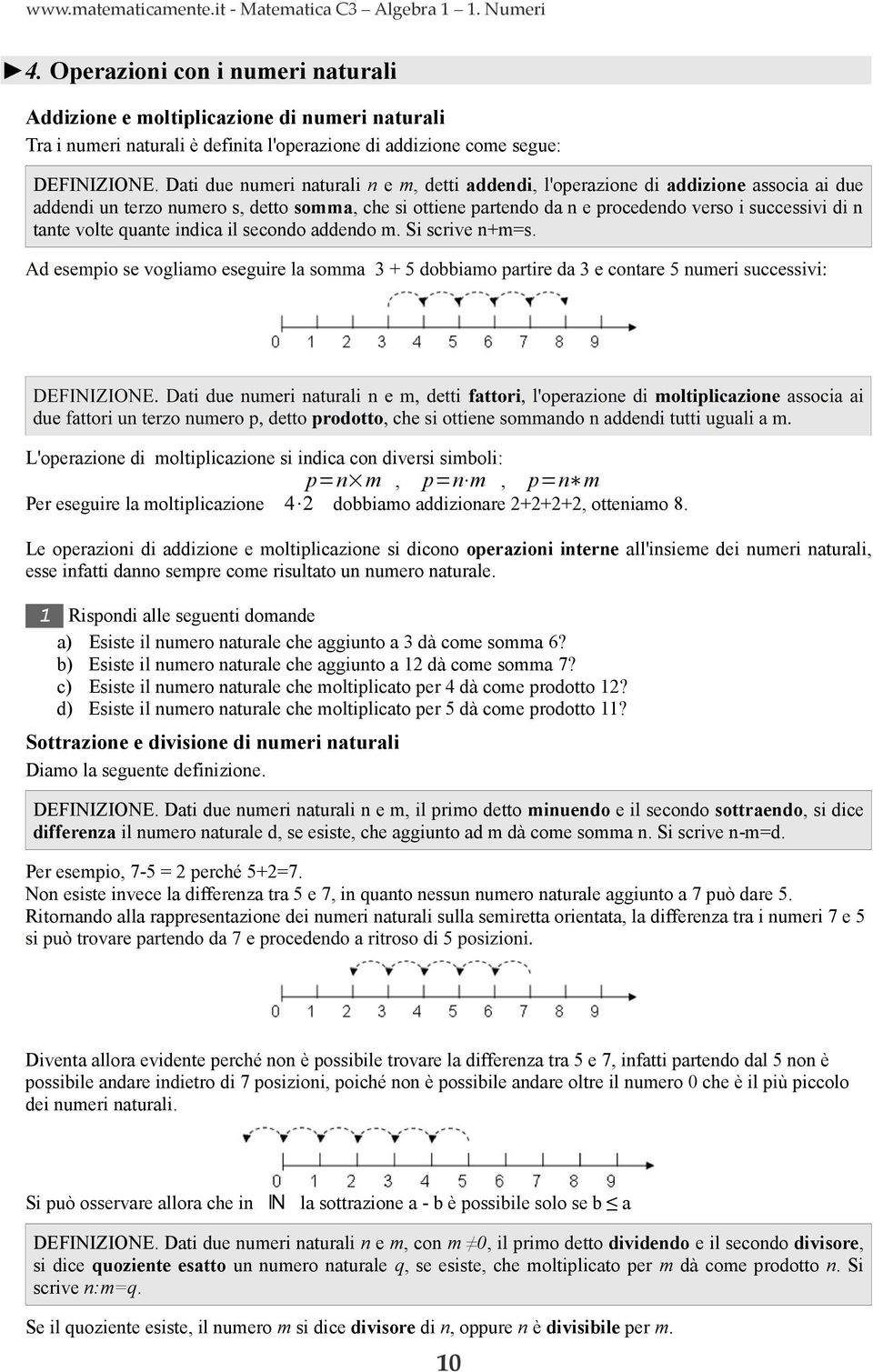 Dati due numeri naturali n e m, detti addendi, l'operazione di addizione associa ai due addendi un terzo numero s, detto somma, che si ottiene partendo da n e procedendo verso i successivi di n tante