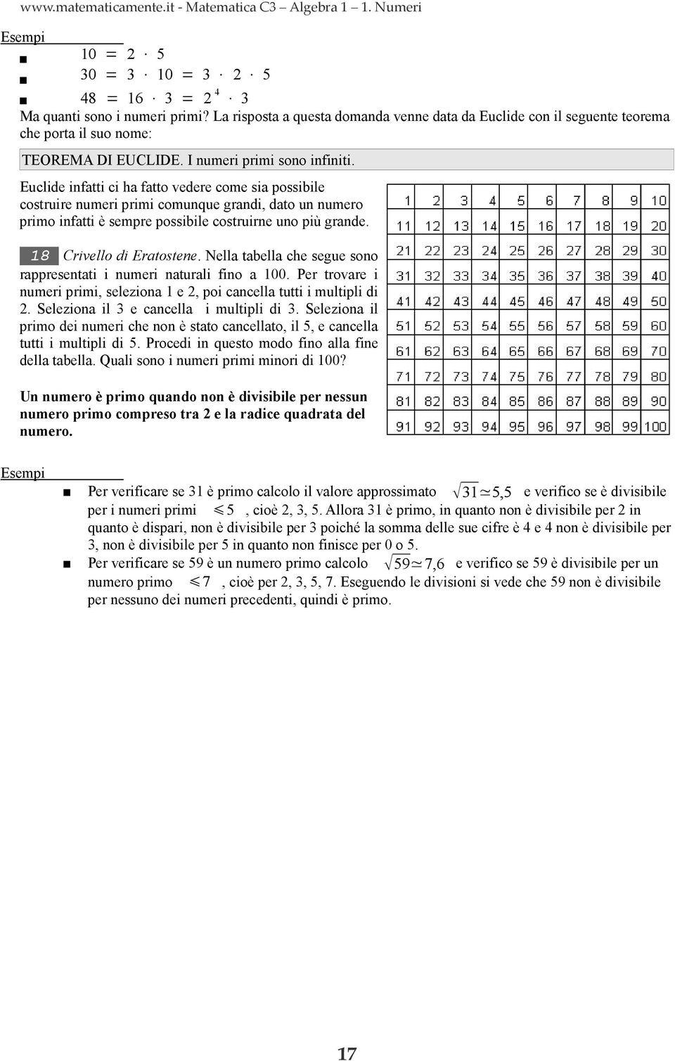 Euclide infatti ci ha fatto vedere come sia possibile costruire numeri primi comunque grandi, dato un numero primo infatti è sempre possibile costruirne uno più grande. 8 Crivello di Eratostene.