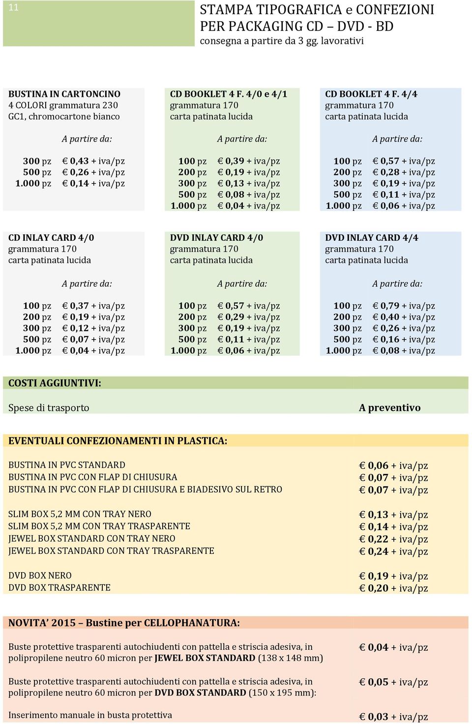 4/4 grammatura 170 carta patinata lucida 0,43 + iva/pz 0,26 + iva/pz 0,14 + iva/pz 0,39 + iva/pz 0,13 + iva/pz 0,08 + iva/pz 0,04 + iva/pz 0,57 + iva/pz 0,28 + iva/pz 0,11 + iva/pz 0,06 + iva/pz CD