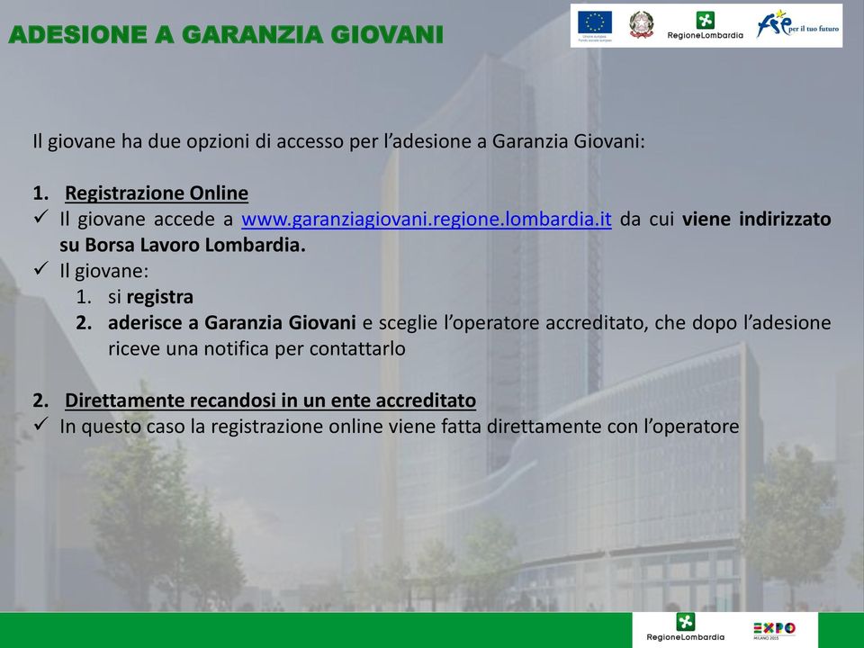 it da cui viene indirizzato su Borsa Lavoro Lombardia. Il giovane: 1. si registra 2.