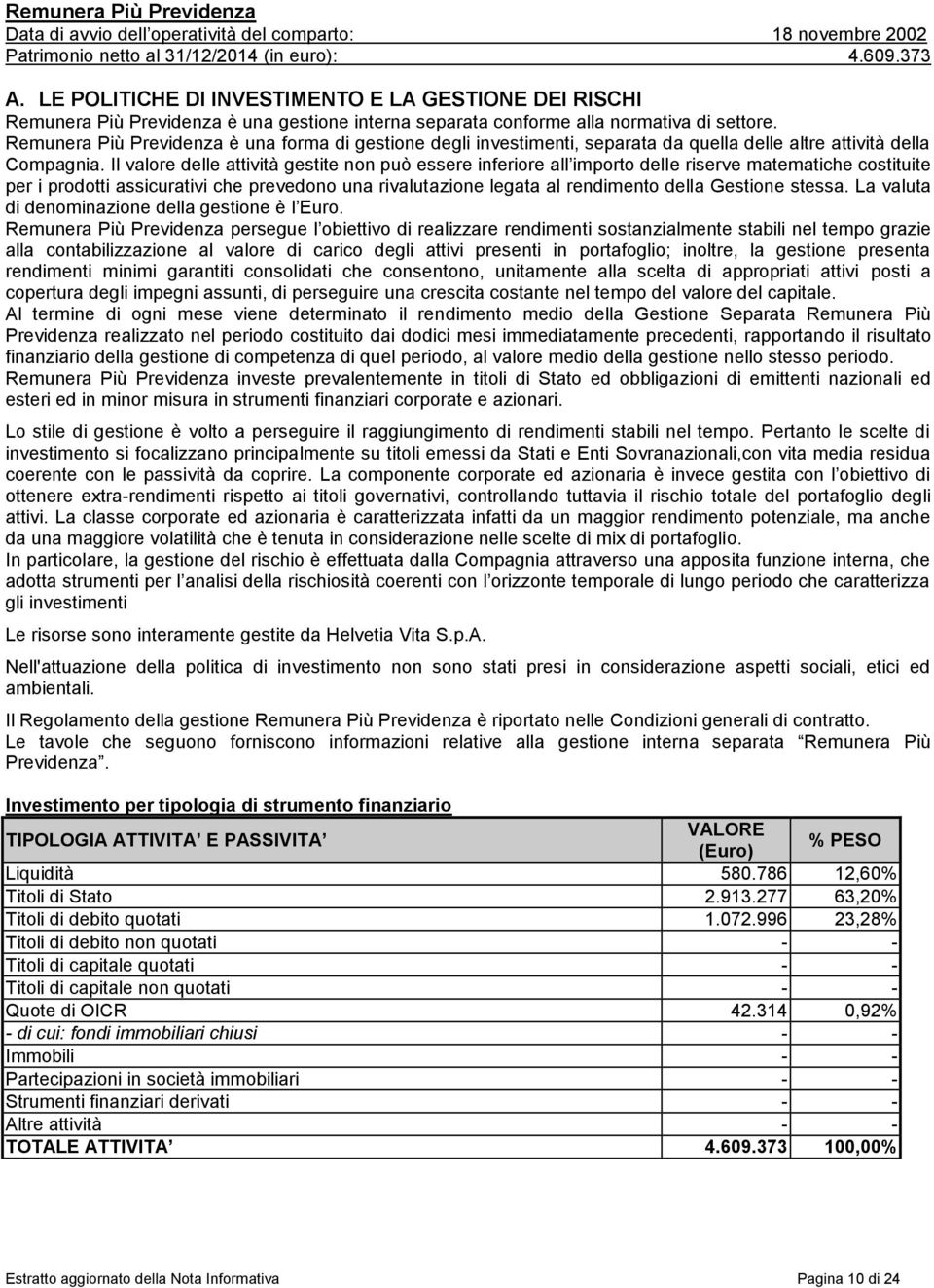 Remunera Più Previdenza è una forma di gestione degli investimenti, separata da quella delle altre attività della Compagnia.