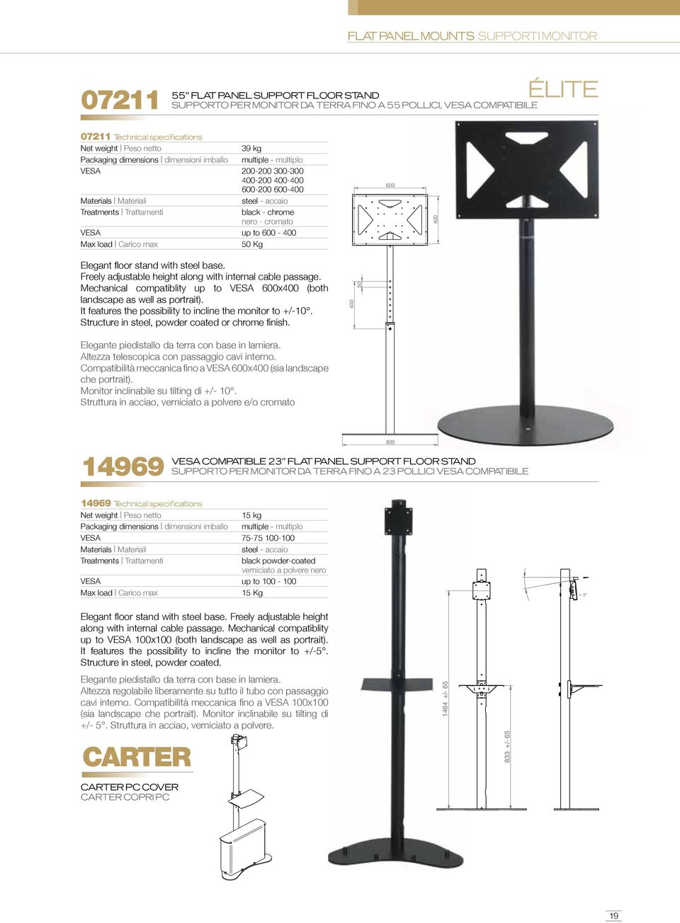 +/- 10 600 400 Elegant floor stand with steel base. Freely adjustable height along with internal cable passage. Mechanical compatiblity up to VESA 600x400 (both landscape as well as portrait).