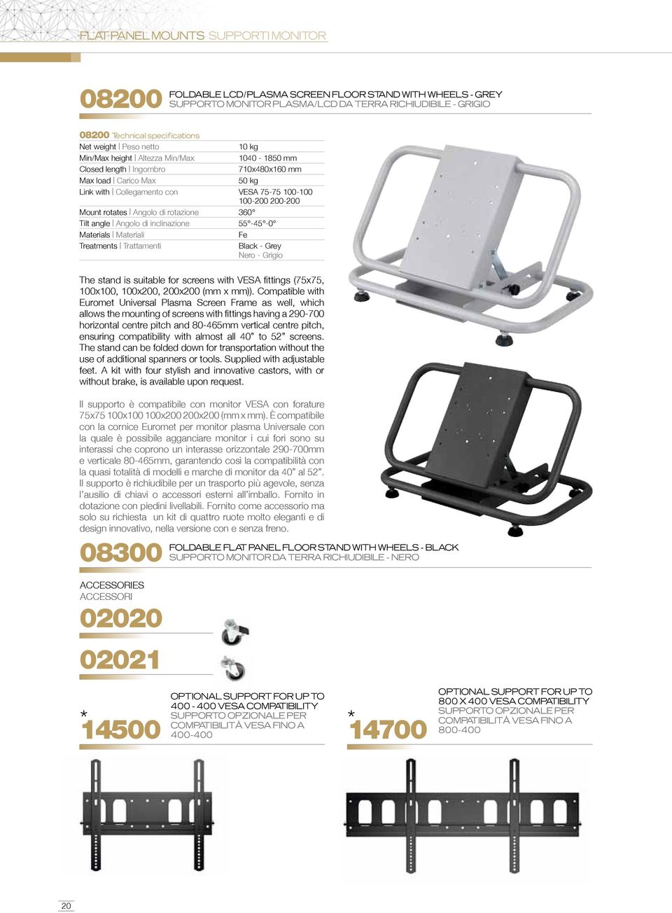 - Grigio The stand is suitable for screens with VESA fittings (75x75, 100x100, 100x200, 200x200 (mm x mm)).
