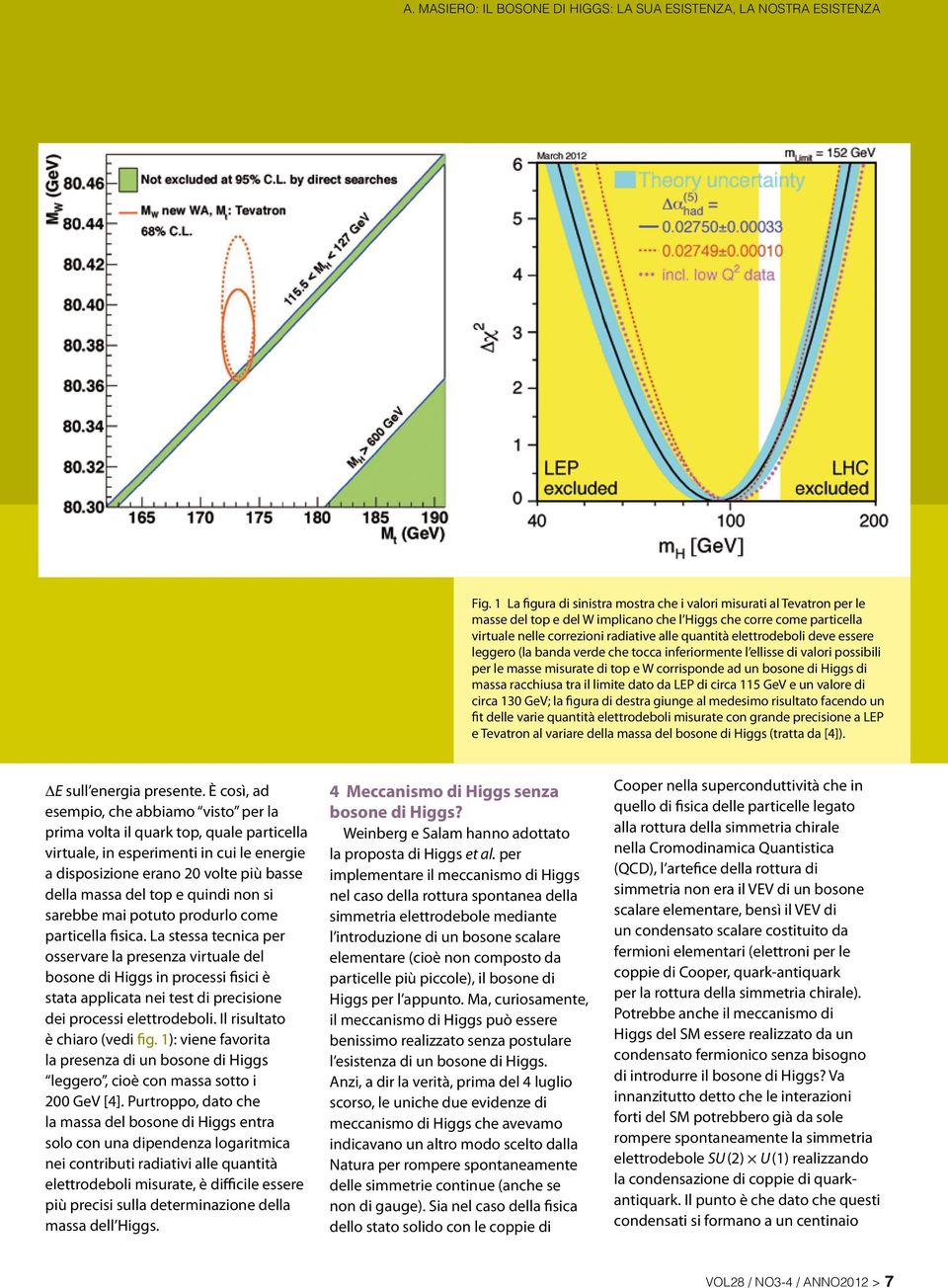 elettrodeboli deve essere leggero (la banda verde che tocca inferiormente l ellisse di valori possibili per le masse misurate di top e W corrisponde ad un bosone di Higgs di massa racchiusa tra il