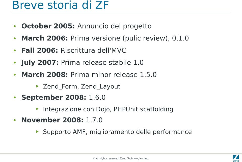 0 March 2008: Prima minor release 1.5.0 Zend_Form, Zend_Layout September 2008: 1.6.