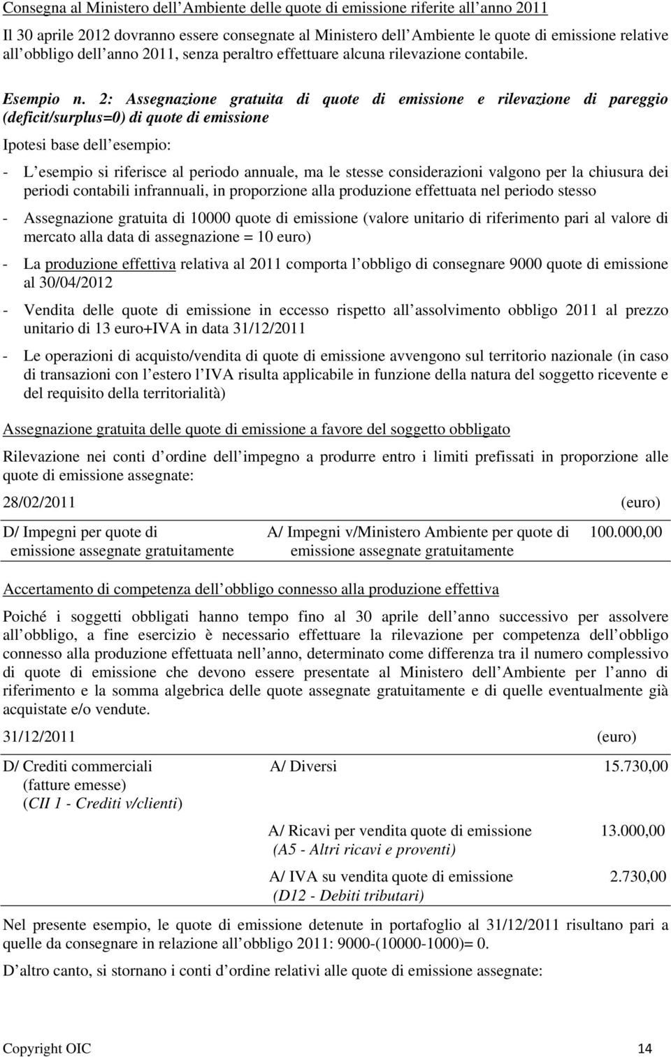 2: Assegnazione gratuita di quote di emissione e rilevazione di pareggio (deficit/surplus=0) di quote di emissione Ipotesi base dell esempio: - L esempio si riferisce al periodo annuale, ma le stesse