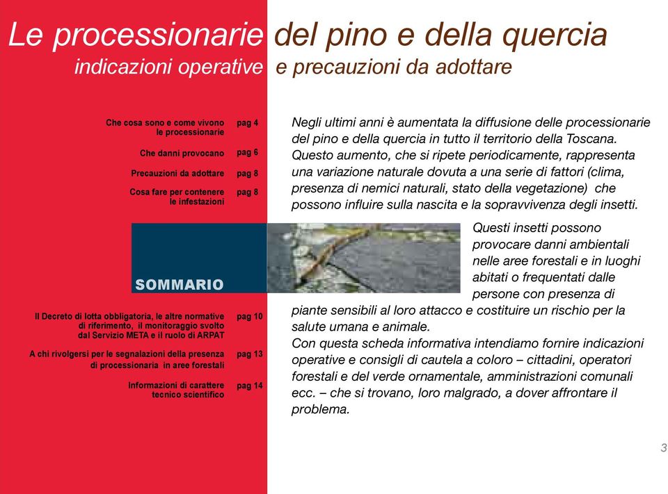 segnalazioni della presenza di processionaria in aree forestali Informazioni di carattere tecnico scientifico pag 4 pag 6 pag 8 pag 8 pag 10 pag 13 pag 14 Negli ultimi anni è aumentata la diffusione