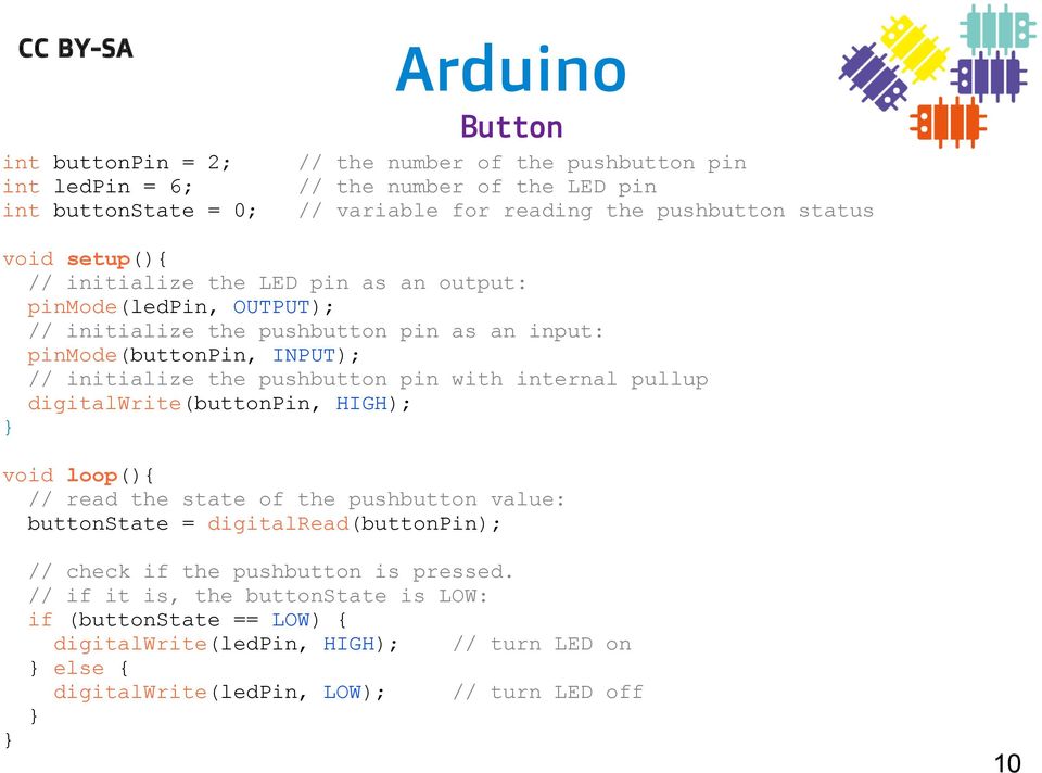 pushbutton pin with internal pullup digitalwrite(buttonpin, HIGH); void loop(){ // read the state of the pushbutton value: buttonstate = digitalread(buttonpin); // check if