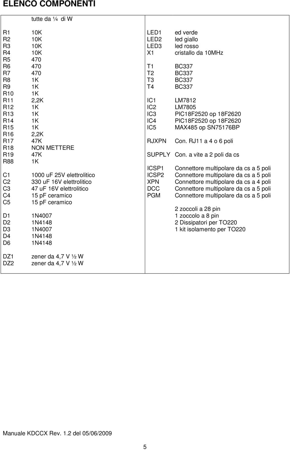 ICSP2 XPN DCC PGM ed verde led giallo led rosso cristallo da 10MHz LM7812 LM7805 PIC18F2520 op 18F2620 PIC18F2520 op 18F2620 MAX485 op SN75176BP Con. RJ11 a 4 o 6 poli Con.