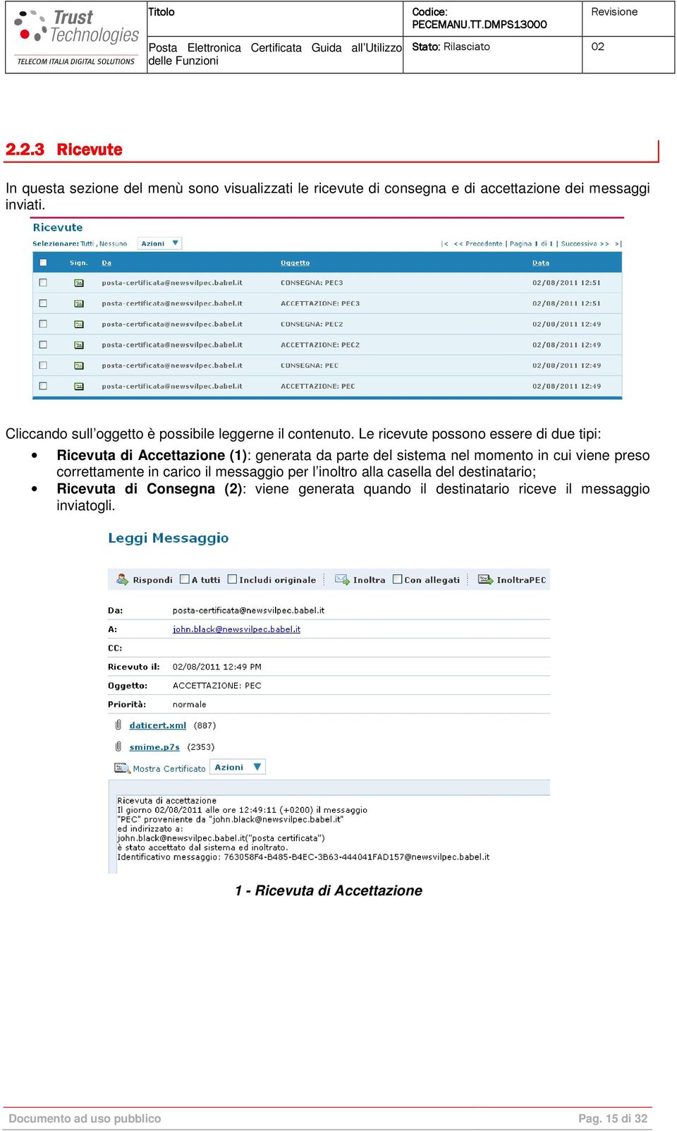 Le ricevute possono essere di due tipi: Ricevuta di Accettazione (1): generata da parte del sistema nel momento in cui viene preso