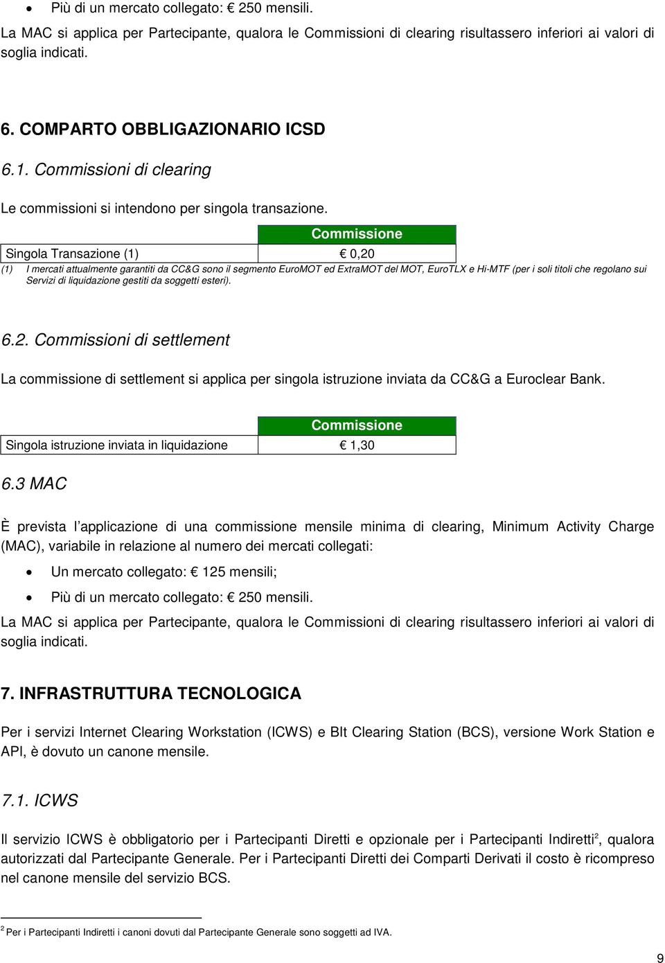 Singola Transazione (1) 0,20 (1) I mercati attualmente garantiti da CC&G sono il segmento EuroMOT ed ExtraMOT del MOT, EuroTLX e Hi-MTF (per i soli titoli che regolano sui Servizi di liquidazione