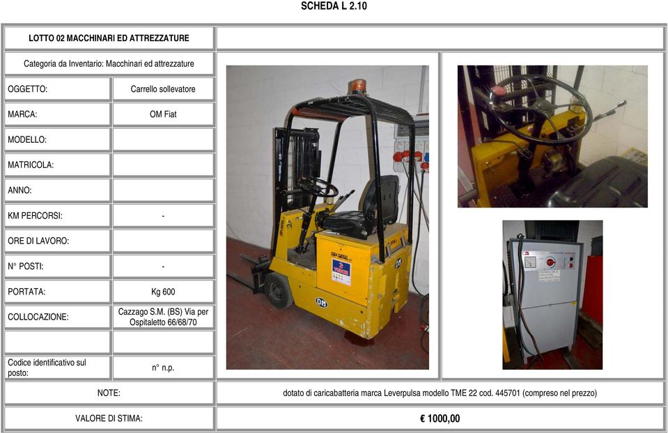 DI LAVORO: N POSTI: - PORTATA: Kg 600 Codice identificativo sul