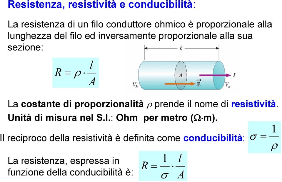 proporzionalità prende il nome di resistività. Unità di misura nel S..: Ohm per metro (m).