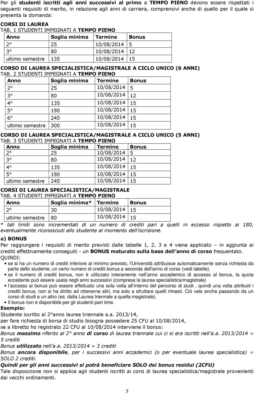 1 STUDENTI IMPEGNATI A TEMPO PIENO Anno Soglia minima Termine Bonus 2 25 10/08/2014 5 3 80 10/08/2014 12 ultimo semestre 135 10/08/2014 15 CORSO DI LAUREA SPECIALISTICA/MAGISTRALE A CICLO UNICO (6