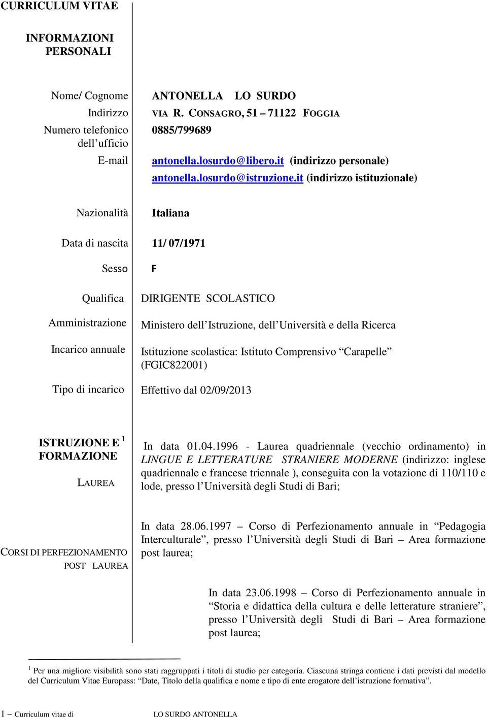 it (indirizzo istituzionale) Nazionalità Italiana Data di nascita 11/ 07/1971 Sesso Qualifica Amministrazione Incarico annuale Tipo di incarico F DIRIGENTE SCOLASTICO Ministero dell Istruzione, dell