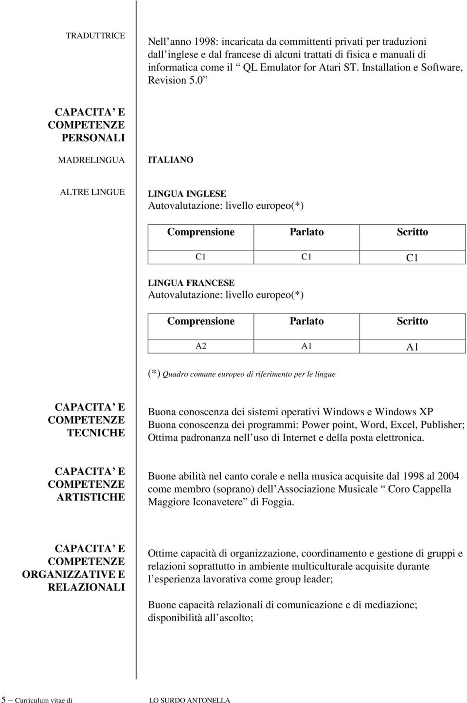 0 PERSONALI MADRELINGUA ITALIANO ALTRE LINGUE LINGUA INGLESE Autovalutazione: livello europeo(*) Comprensione Parlato Scritto C1 C1 C1 LINGUA FRANCESE Autovalutazione: livello europeo(*) Comprensione