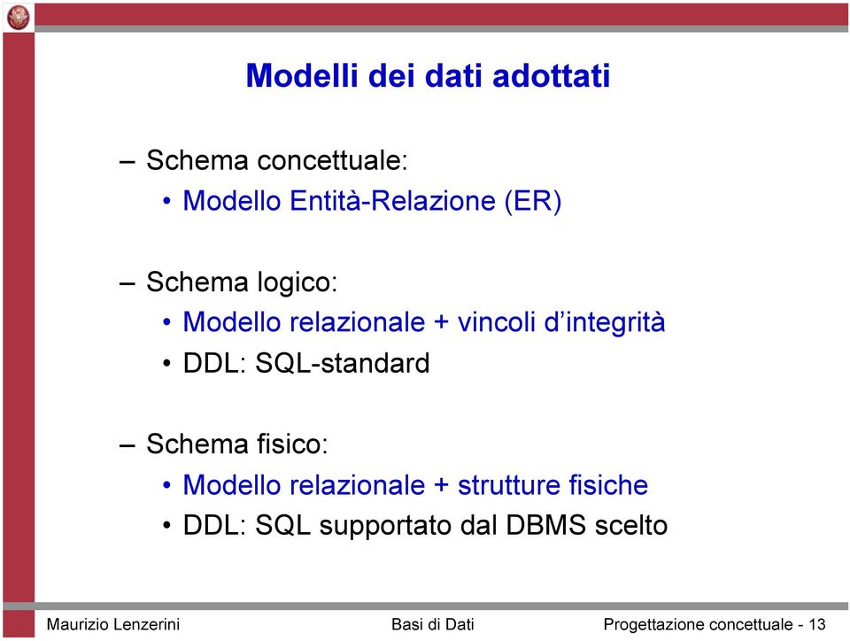 SQL-standard Schema fisico: Modello relazionale + strutture fisiche