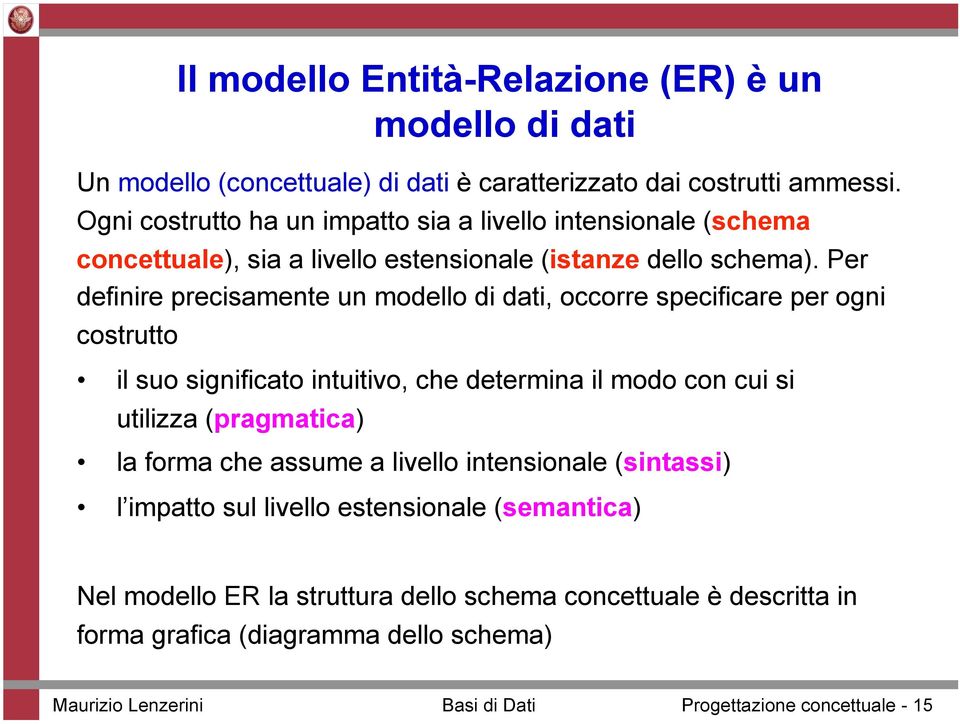 Per definire precisamente un modello di dati, occorre specificare per ogni costrutto Il modello Entità-Relazione (ER) è un modello di dati il suo significato intuitivo,