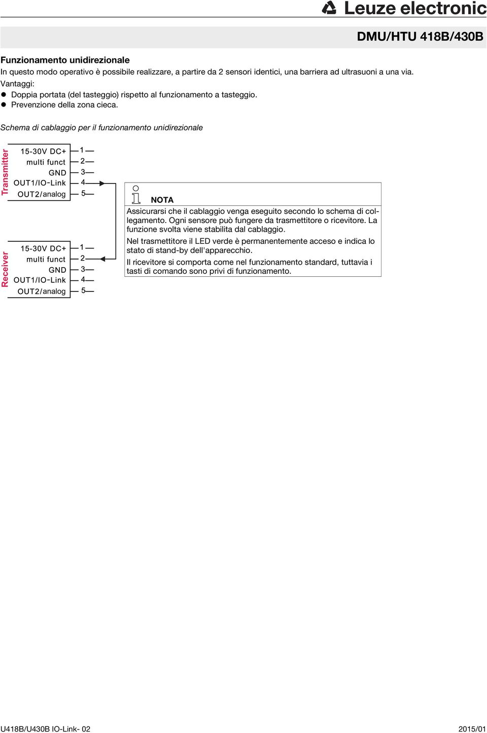 DMU/HTU 418B/430B Schema di cablaggio per il funzionamento unidirezionale Receiver Transmitter NOTA Assicurarsi che il cablaggio venga eseguito secondo lo schema di collegamento.