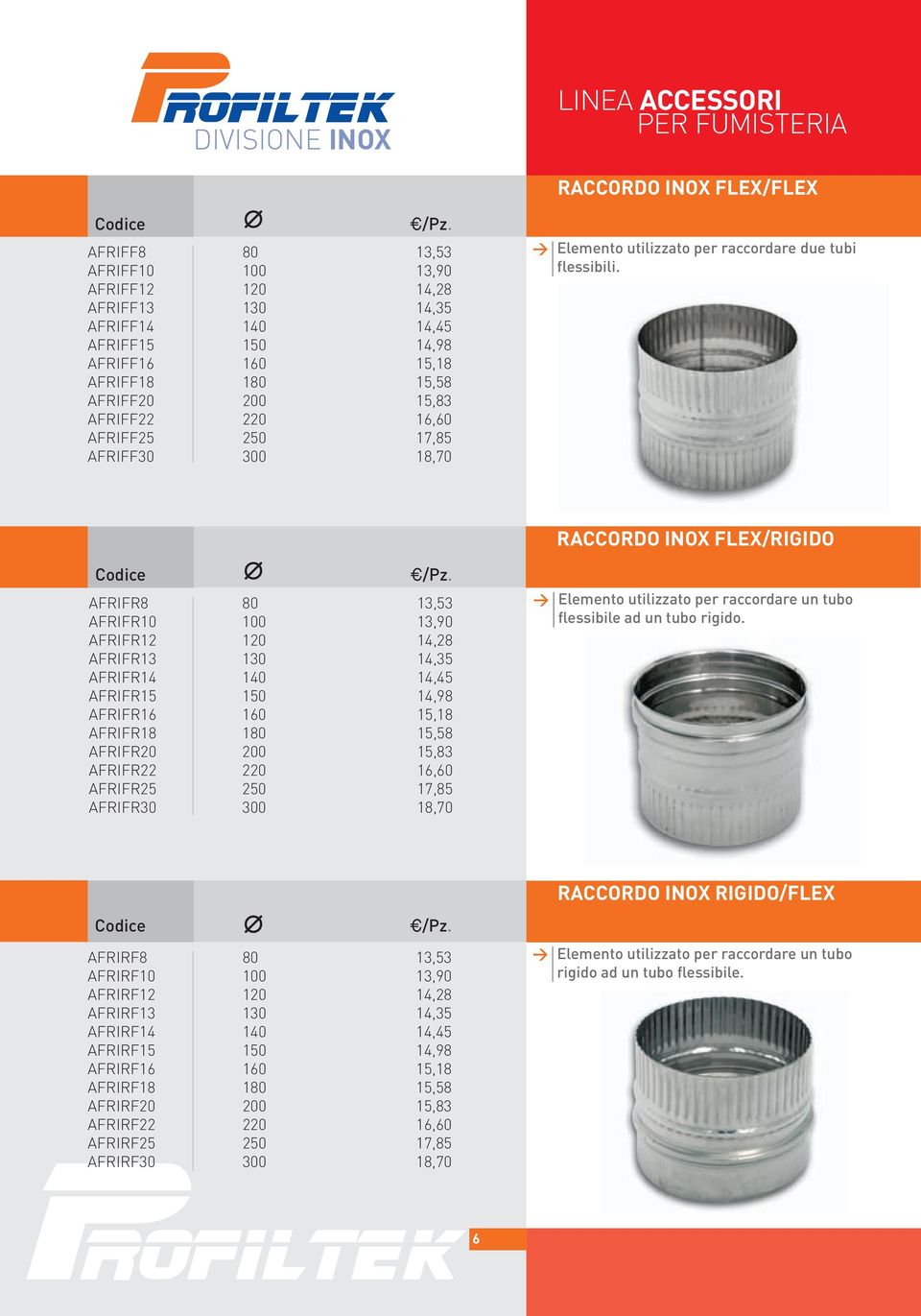 RACCORDO INOX FLEX/RIGIDO AFRIFR8 80 13,53 AFRIFR10 100 13,90 AFRIFR12 120 14,28 AFRIFR13 130 14,35 AFRIFR14 140 14,45 AFRIFR15 150 14,98 AFRIFR16 160 15,18 AFRIFR18 180 15,58 AFRIFR20 200 15,83