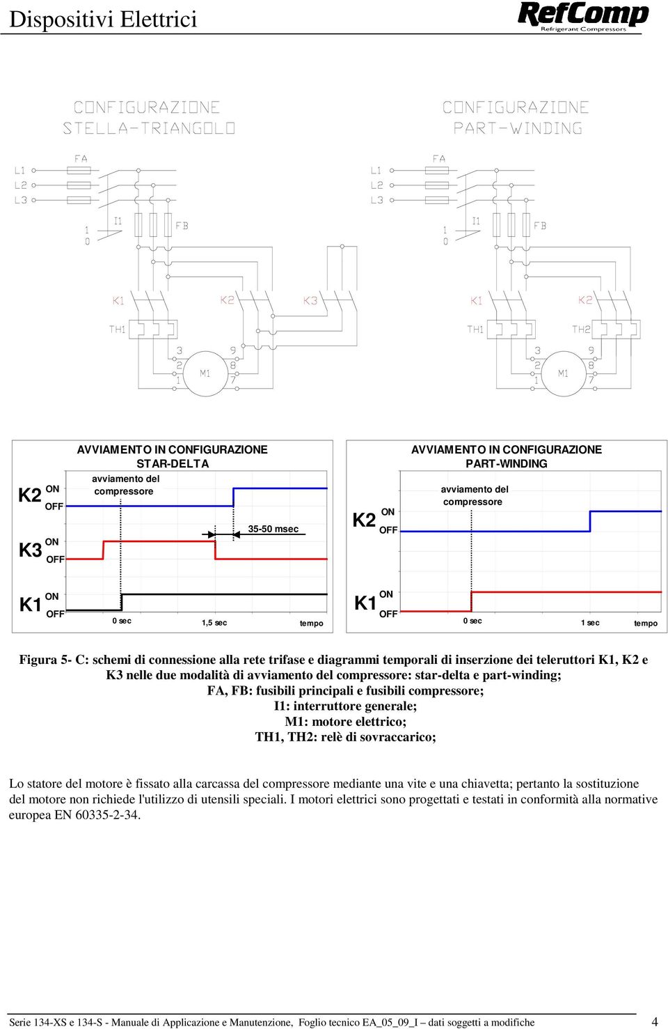 compressore: star-delta e part-winding; FA, FB: fusibili principali e fusibili compressore; I1: interruttore generale; M1: motore elettrico; TH1, TH2: relè di sovraccarico; Lo statore del motore è