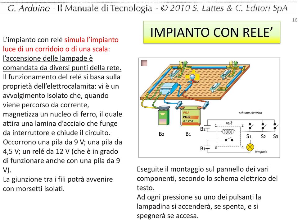 d acciaio che funge da interruttore e chiude il circuito. Occorrono una pila da 9 V; una pila da 4,5 V; un relé da 12 V (che è in grado di funzionare anche con una pila da 9 V).