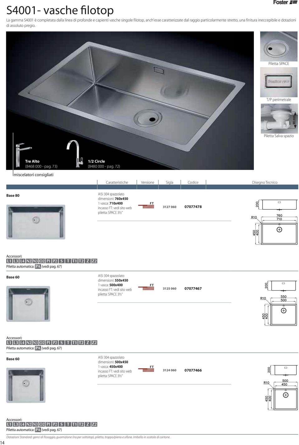 72) Base 80 dimensioni: 760x450 1 vasca: 710x400 incasso FT: vedi sito web piletta: SPACE 3½ 3127 060 07077478 Accessori: L1 L3 L4 N2 N3 O2 P1 P2 S T T1 T2 Z Z2 Piletta automatica: PA (vedi pag.