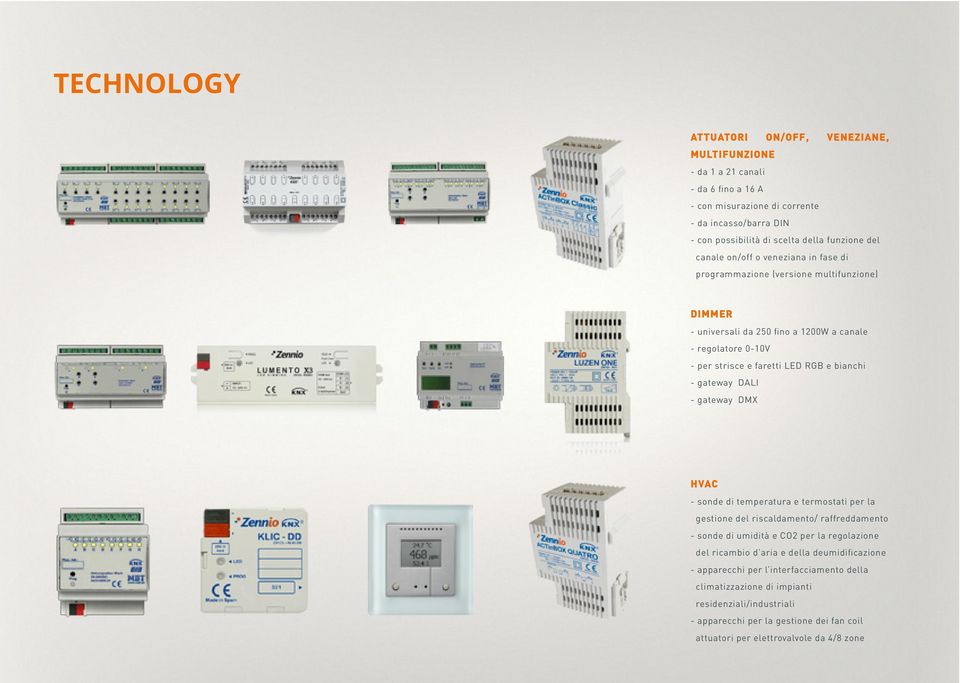 gateway DALI - gateway DMX HVAC - sonde di temperatura e termostati per la gestione del riscaldamento/ raffreddamento - sonde di umidità e CO2 per la regolazione del ricambio d aria e della