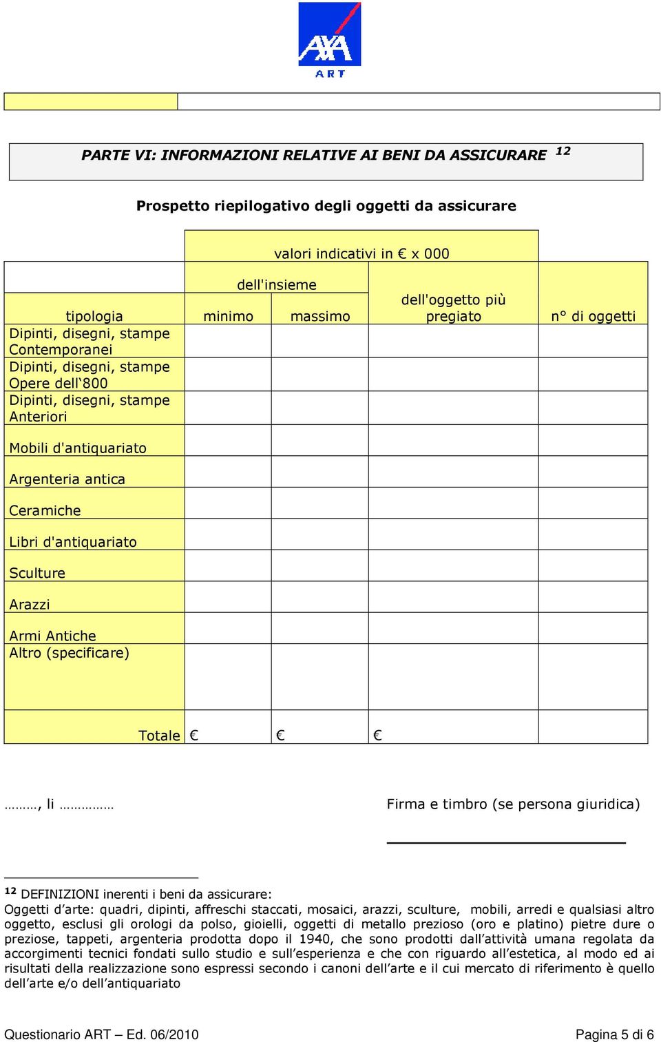 (specificare) dell'oggetto più pregiato n di oggetti Totale, li Firma e timbro (se persona giuridica) 12 DEFINIZIONI inerenti i beni da assicurare: Oggetti d arte: quadri, dipinti, affreschi