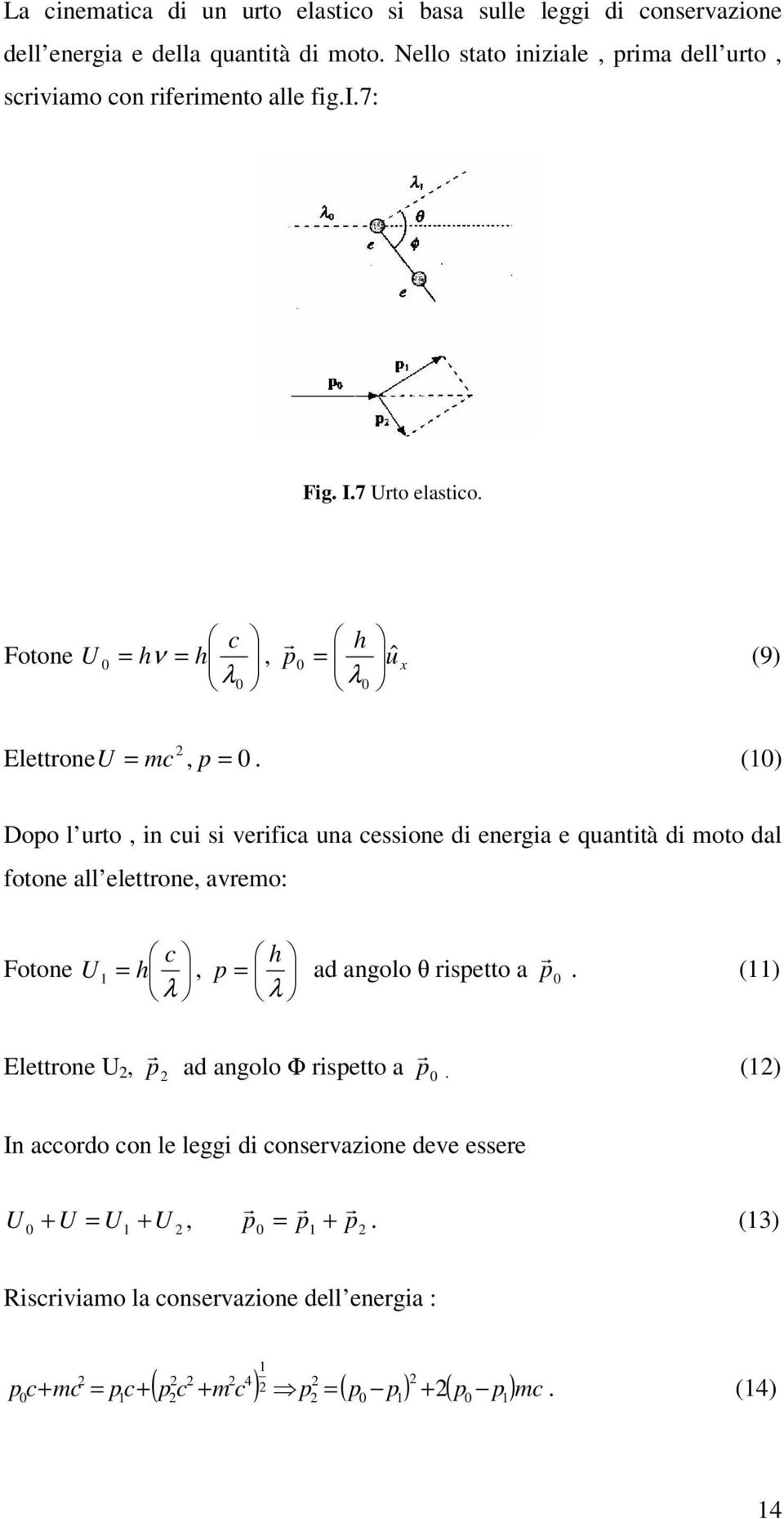 (10) Dopo l urto, in cui si verifica una cessione di energia e quantità di moto dal fotone all elettrone, avremo: c h Fotone U 1 = h, p = ad angolo rispetto a p r 0.