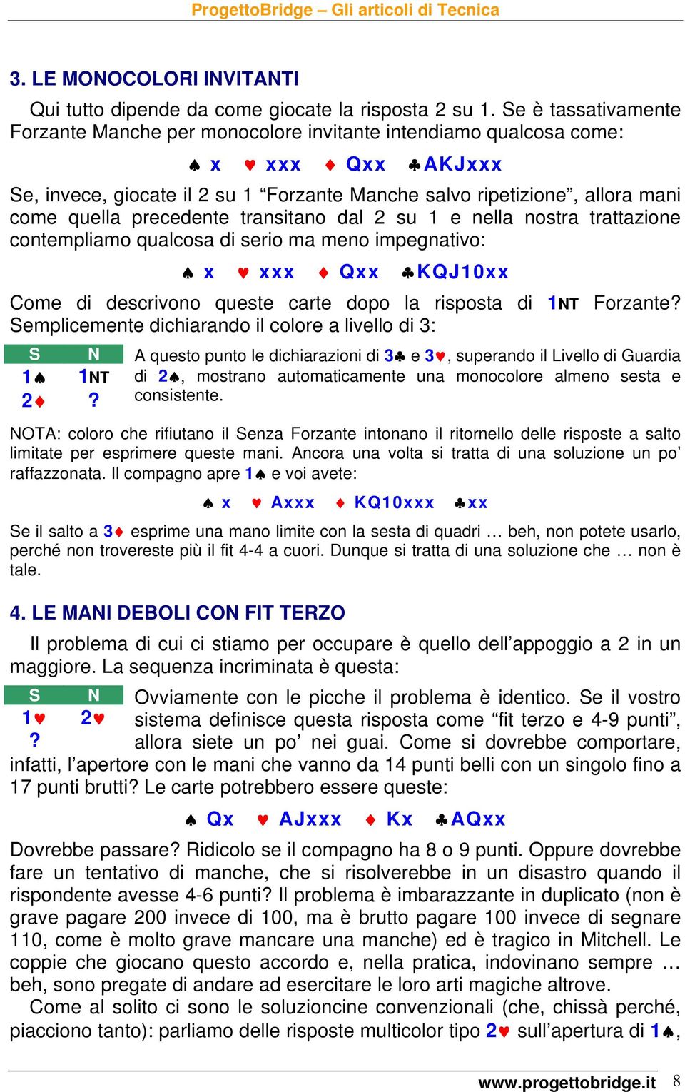 precedente transitano dal 2 su 1 e nella nostra trattazione contempliamo qualcosa di serio ma meno impegnativo: x xxx Qxx KQJ10xx Come di descrivono queste carte dopo la risposta di 1NT Forzante?