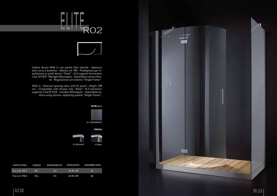 8 Walk in - External opening door with fix panel - Height 188 cm - Compatible with F00shower tray Steel - N.2 F01 aluminium F03 supports Cod.