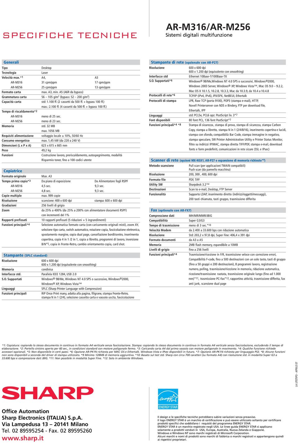 Copiatrice Formato originale Tempo prima copia*3 AR-M316 AR-M256 Copie multiple Gradazioni Zoom Rapporti prefissati Funzioni principali*4 Desktop Laser A4, A3 31 cpm/ppm 17 cpm/ppm 25 cpm/ppm 13