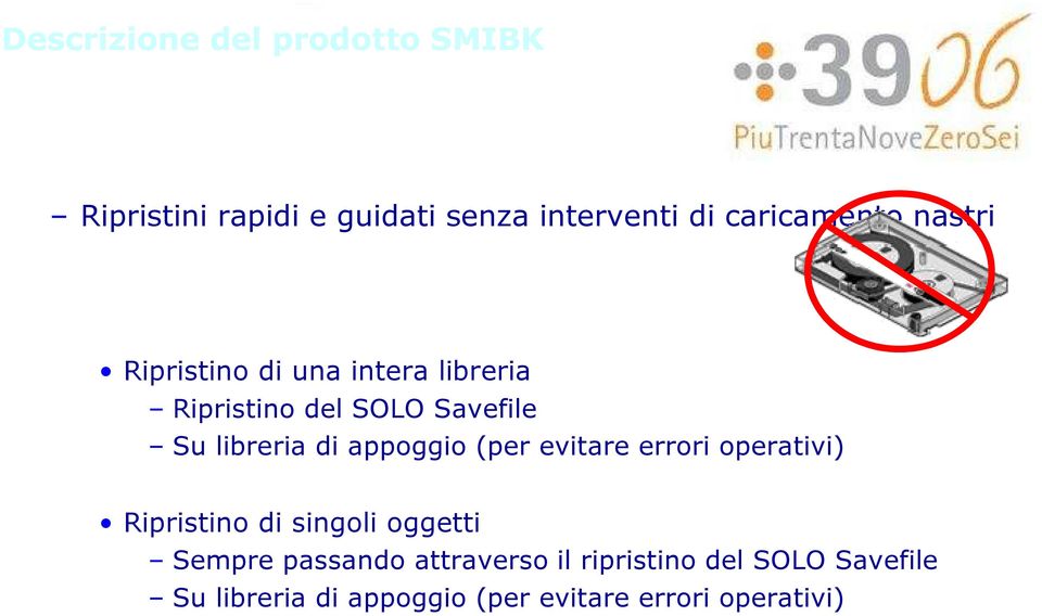 libreria di appoggio (per evitare errori operativi) Ripristino di singoli oggetti Sempre