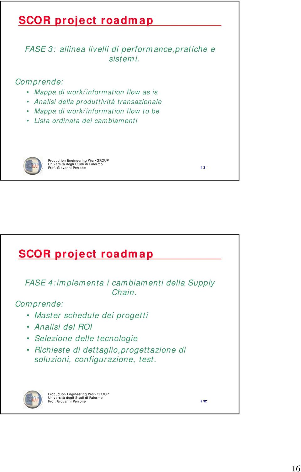 Lista ordinata dei cambiamenti Prof. Giovanni Perrone # 31 SCOR project roadmap FASE 4:implementa i cambiamenti della Supply Chain.