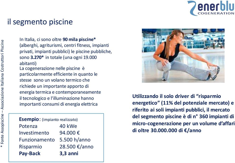 000 abitanti) La cogenerazione nelle piscine è particolarmente efficiente in quanto le stesse sono un volano termico che richiede un importante apporto di energia termica e contemporaneamente il