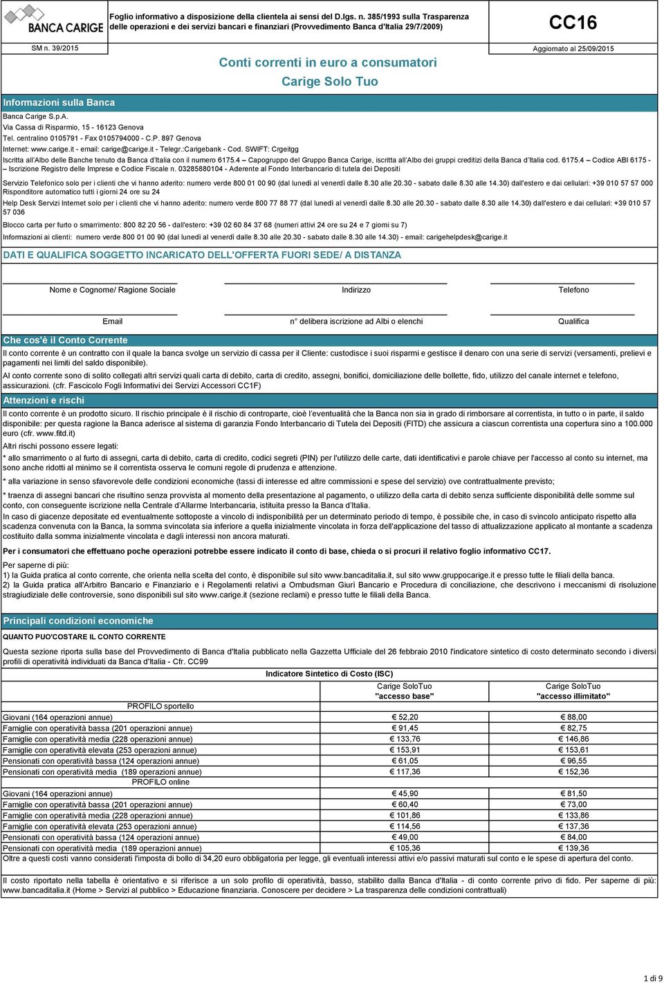 Conti Correnti In Euro A Consumatori Carige Solotuo Pdf Download Gratuito