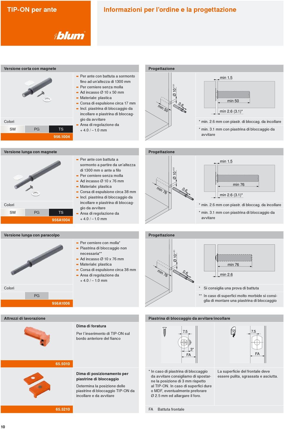 piastrina di bloccaggio da incollare e piastrina di bloccaggio da avvitare Area di regolazione da + 4.0 / 1.0 mm * min. 2.6 mm con piastr. di bloccag. da incollare * min. 3.