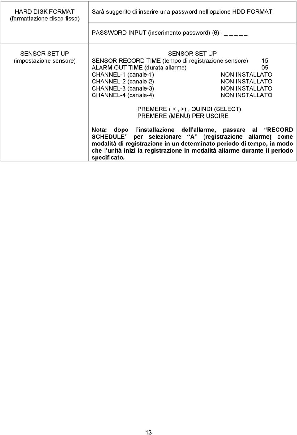 CHANNEL-1 (canale-1) NON INSTALLATO CHANNEL-2 (canale-2) NON INSTALLATO CHANNEL-3 (canale-3) NON INSTALLATO CHANNEL-4 (canale-4) NON INSTALLATO PREMERE ( <, >), QUINDI (SELECT) PREMERE (MENU)