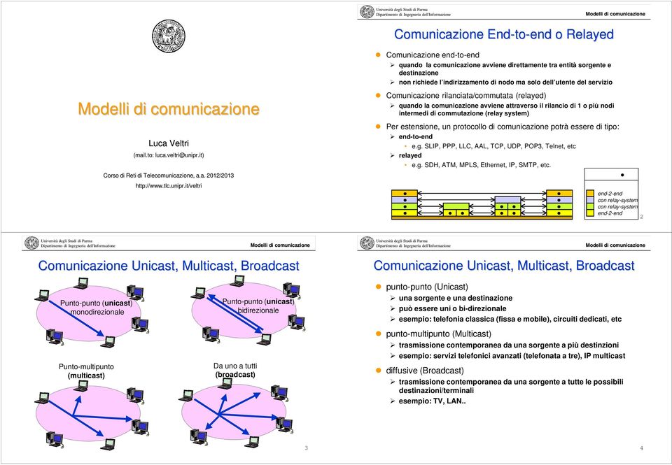 rilanciata/commutata (relayed) quando la comunicazione avviene attraverso il rilancio di o più nodi intermedi di commutazione (relay system) Per estensione, un protocollo di comunicazione potrà