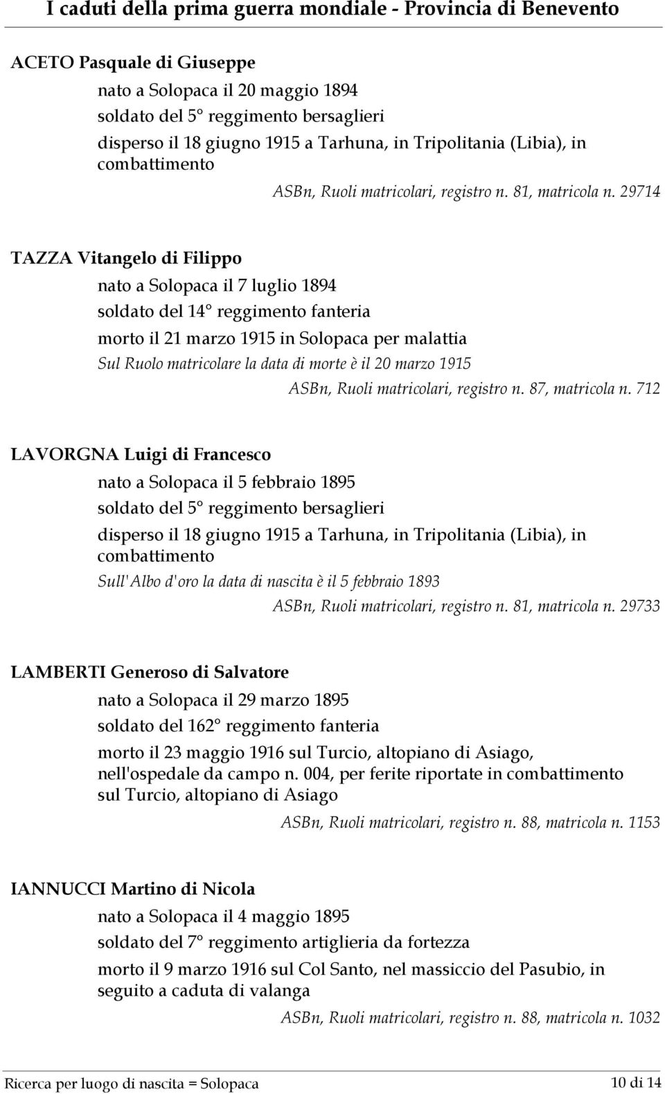 29714 TAZZA Vitangelo di Filippo nato a Solopaca il 7 luglio 1894 soldato del 14 reggimento fanteria morto il 21 marzo 1915 in Solopaca per Sul Ruolo matricolare la data di morte è il 20 marzo 1915