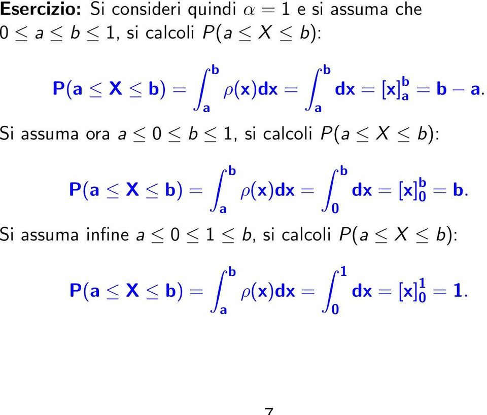 Si assuma ora a b 1, si calcoli P(a X b): P(a X b) = b a ρ(x)dx = b dx =