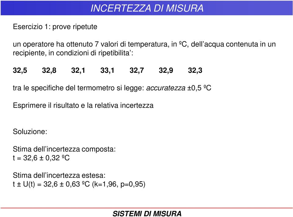 legge: accuratezza±0,5 ºC Esprimere il risultato e la relativa incertezza Soluzione: Stima dell incertezza