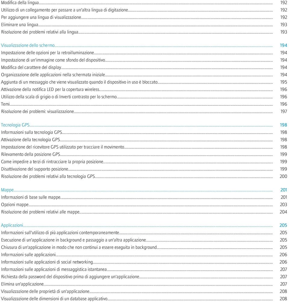 .. 194 Impostazione di un'immagine come sfondo del dispositivo... 194 Modifica del carattere del display... 194 Organizzazione delle applicazioni nella schermata iniziale.