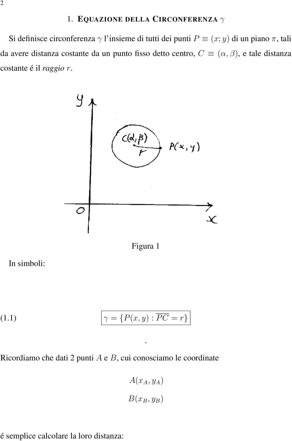 distanza costante é il raggio r. In simboli: Figura 1 (1.1) γ = {P (x, y) : P C = r}.